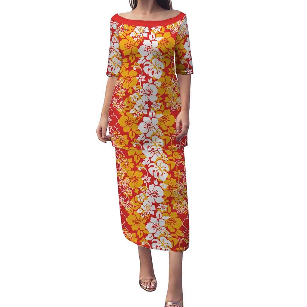 Hawaiian Lei Day Puletasi Red Hibiscus Flowers Lei Art LT9 Long Dress Red - Polynesian Pride