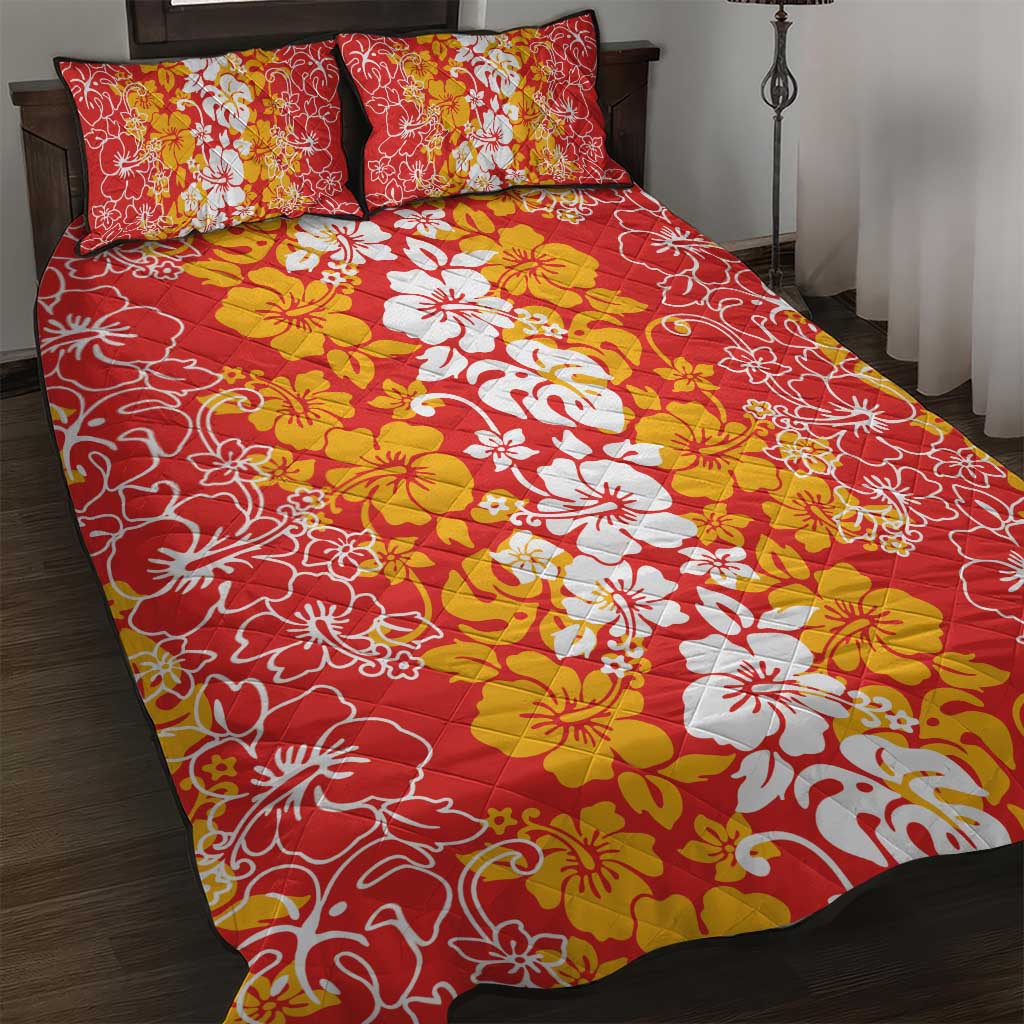 Hawaiian Lei Day Quilt Bed Set Red Hibiscus Flowers Lei Art
