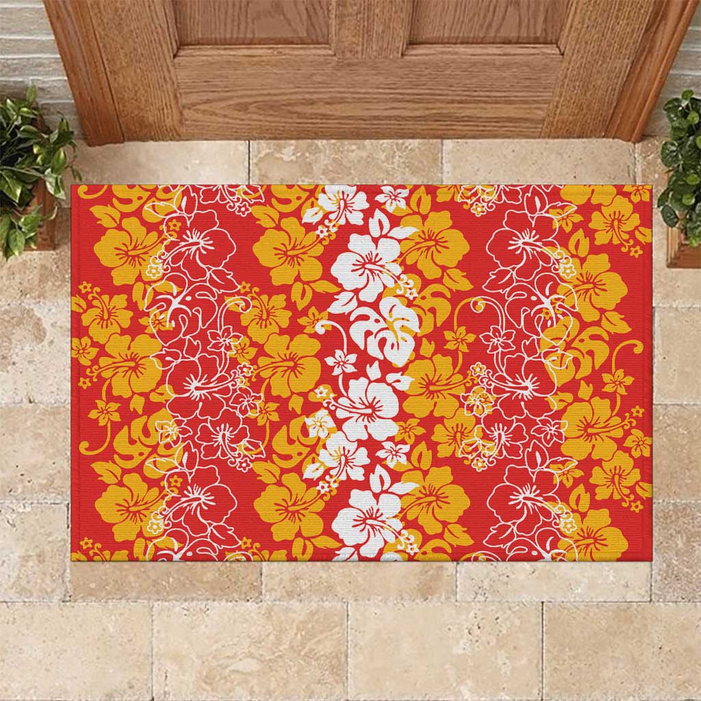 Hawaiian Lei Day Rubber Doormat Red Hibiscus Flowers Lei Art