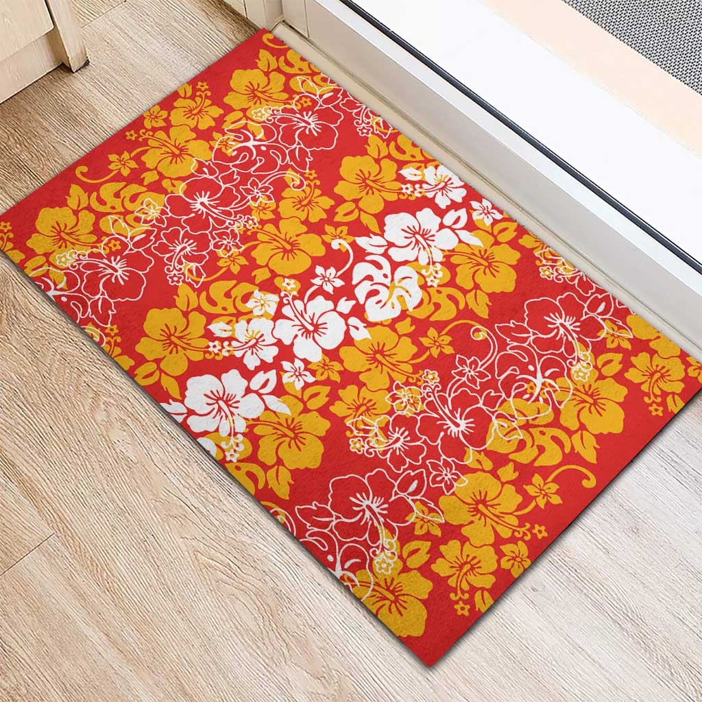 Hawaiian Lei Day Rubber Doormat Red Hibiscus Flowers Lei Art