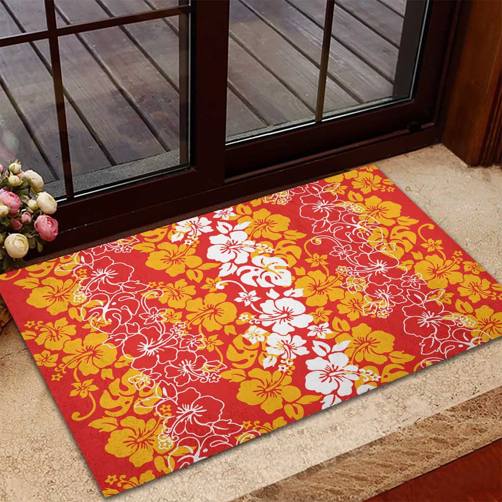 Hawaiian Lei Day Rubber Doormat Red Hibiscus Flowers Lei Art