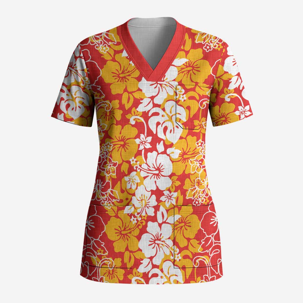 Hawaiian Lei Day Scrub Top Red Hibiscus Flowers Lei Art - Polynesian Pride