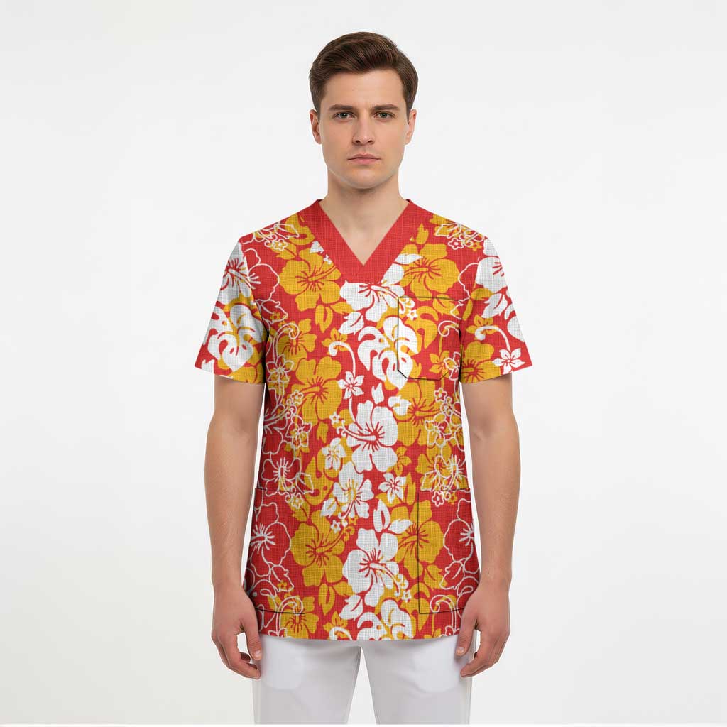 Hawaiian Lei Day Scrub Top Red Hibiscus Flowers Lei Art - Polynesian Pride