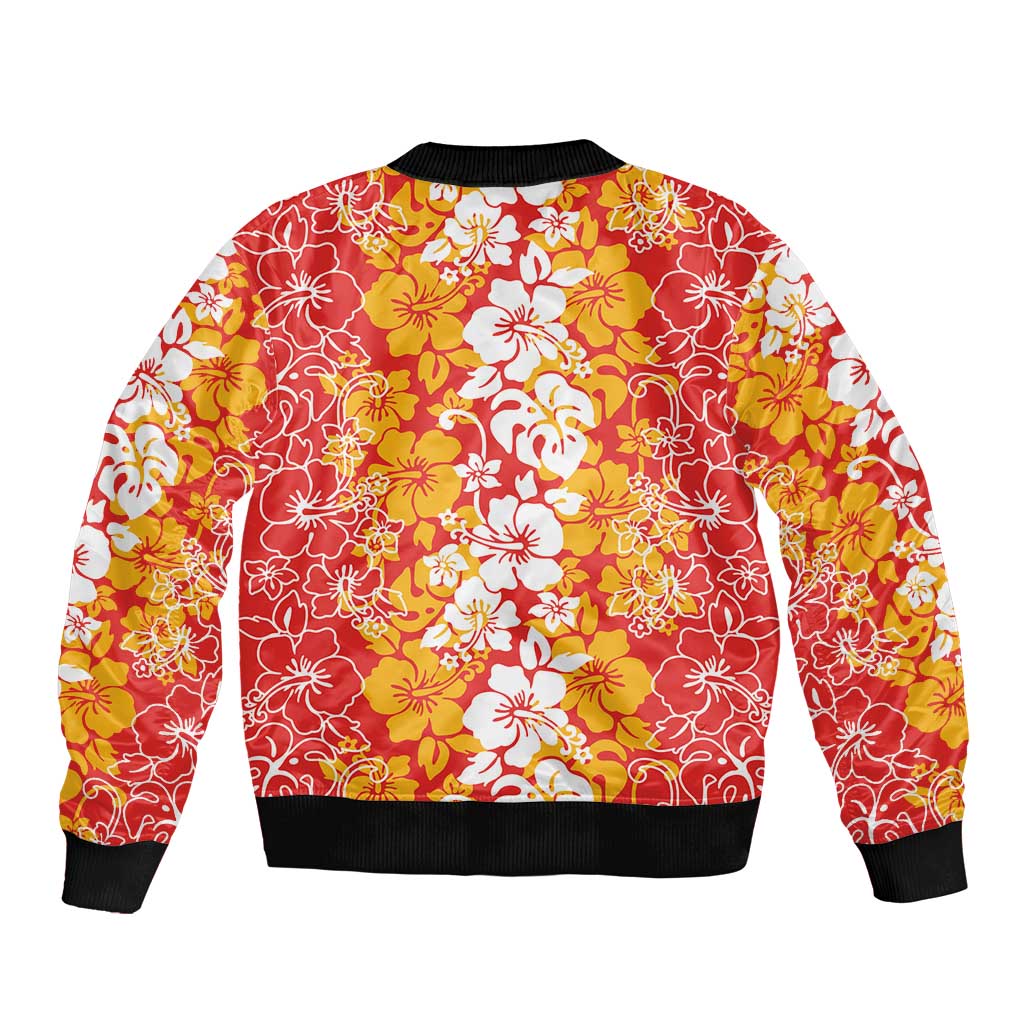 Hawaiian Lei Day Sleeve Zip Bomber Jacket Red Hibiscus Flowers Lei Art