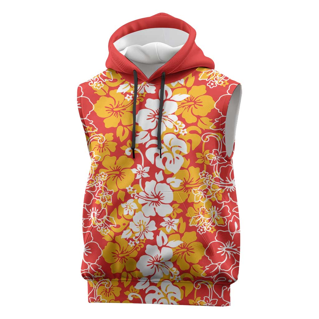 Hawaiian Lei Day Sleeveless Hoodie Red Hibiscus Flowers Lei Art - Polynesian Pride
