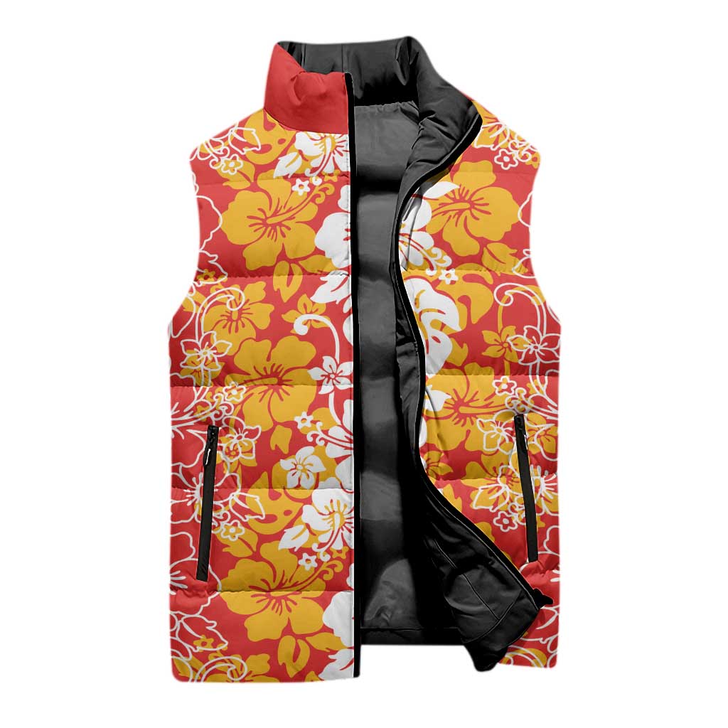 Hawaiian Lei Day Sleeveless Puffer Jacket Red Hibiscus Flowers Lei Art - Polynesian Pride
