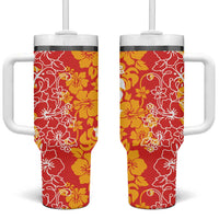 Hawaiian Lei Day Tumbler With Handle Red Hibiscus Flowers Lei Art