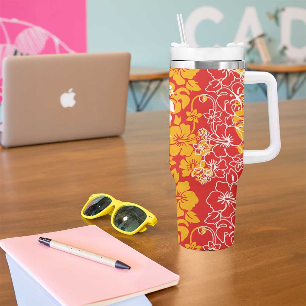 Hawaiian Lei Day Tumbler With Handle Red Hibiscus Flowers Lei Art