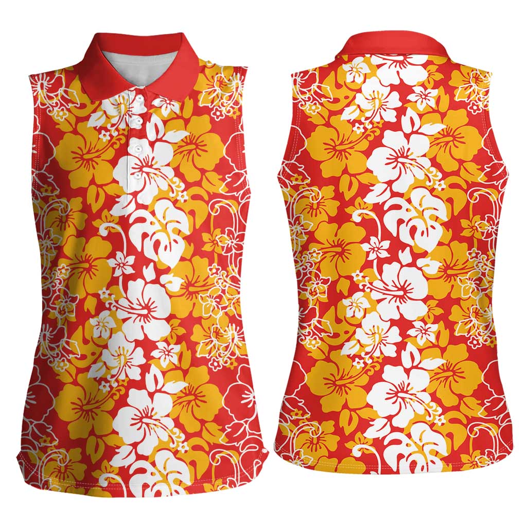 Hawaiian Lei Day Women Sleeveless Polo Shirt Red Hibiscus Flowers Lei Art