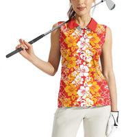 Hawaiian Lei Day Women Sleeveless Polo Shirt Red Hibiscus Flowers Lei Art