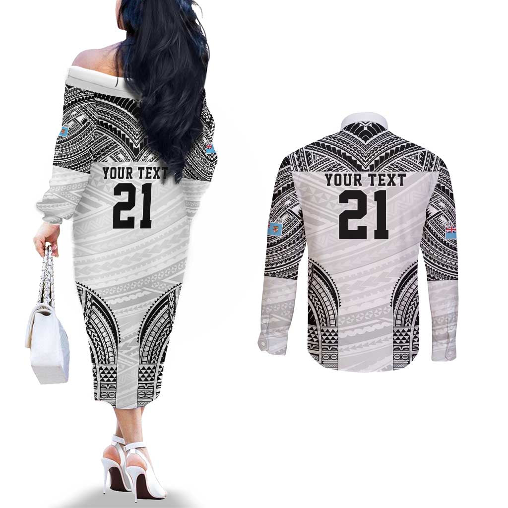 Flying Fijians Pacific Fiji Rugby Custom Couples Matching Off The Shoulder Long Sleeve Dress and Long Sleeve Button Shirt Polynesian Pattern