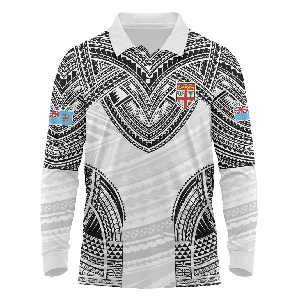 Flying Fijians Pacific Fiji Rugby Custom Long Sleeve Polo Shirt Polynesian Pattern LT9 White - Polynesian Pride