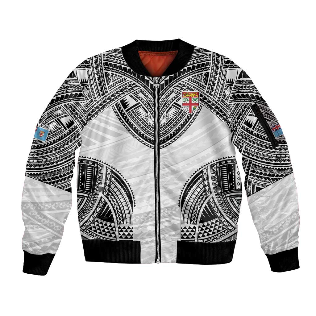 Flying Fijians Pacific Fiji Rugby Custom Sleeve Zip Bomber Jacket Polynesian Pattern LT9 Unisex White - Polynesian Pride