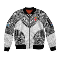 Flying Fijians Pacific Fiji Rugby Custom Sleeve Zip Bomber Jacket Polynesian Pattern LT9 Unisex White - Polynesian Pride