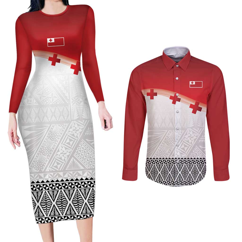 Ikale Tahi Pacific Tonga Rugby Custom Couples Matching Long Sleeve Bodycon Dress and Long Sleeve Button Shirt Tongan Ngatu with Flag Pattern
