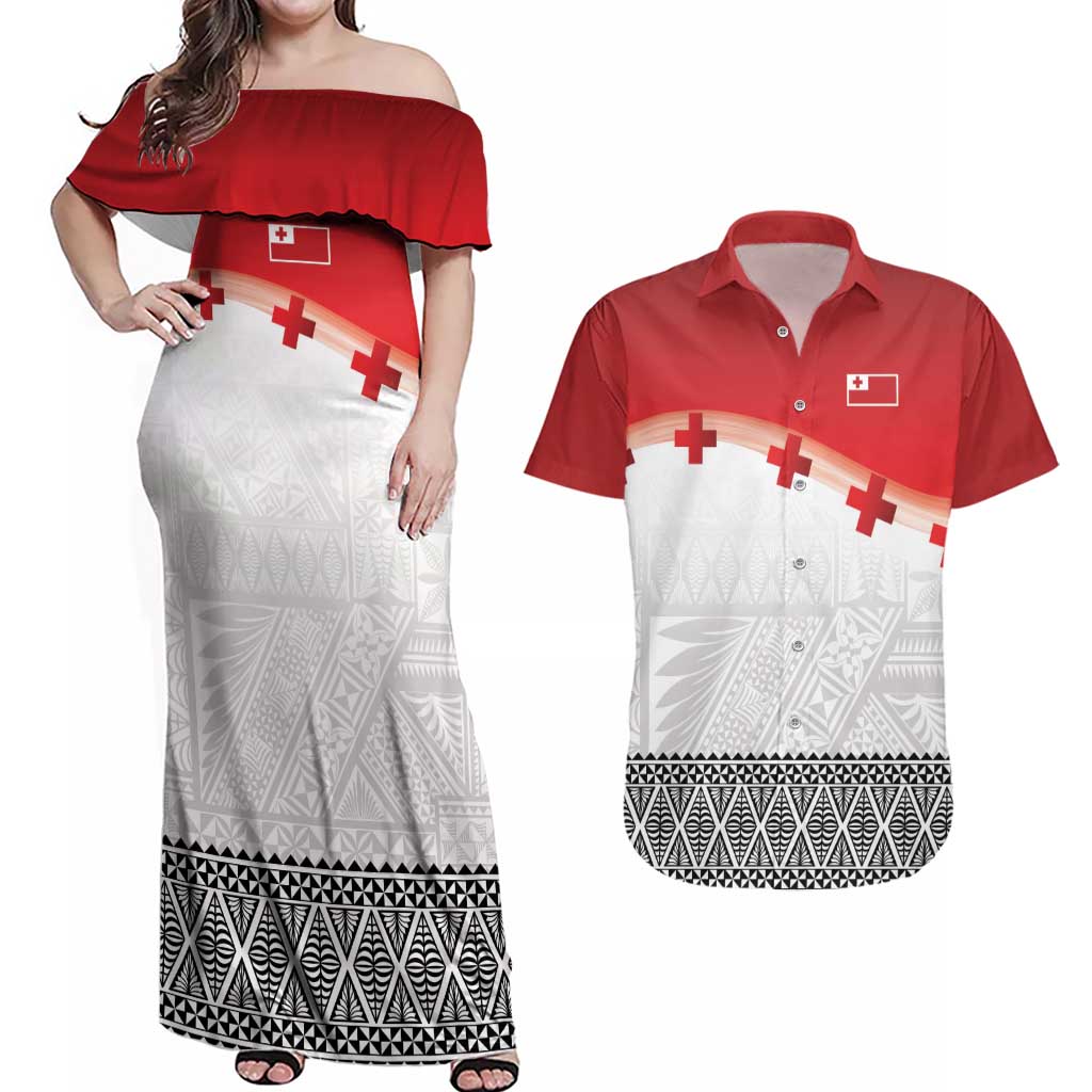 Ikale Tahi Pacific Tonga Rugby Custom Couples Matching Off Shoulder Maxi Dress and Hawaiian Shirt Tongan Ngatu with Flag Pattern