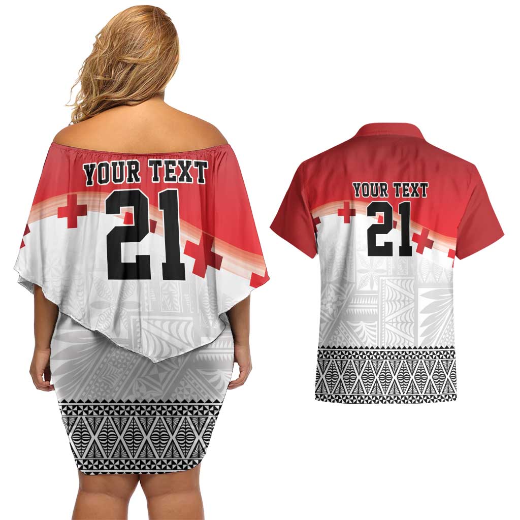 Ikale Tahi Pacific Tonga Rugby Custom Couples Matching Off Shoulder Short Dress and Hawaiian Shirt Tongan Ngatu with Flag Pattern