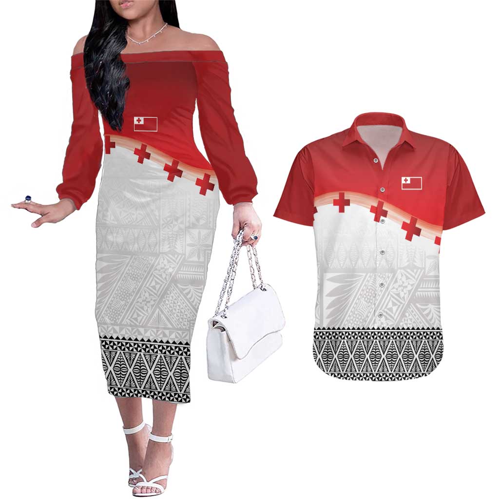 Ikale Tahi Pacific Tonga Rugby Custom Couples Matching Off The Shoulder Long Sleeve Dress and Hawaiian Shirt Tongan Ngatu with Flag Pattern