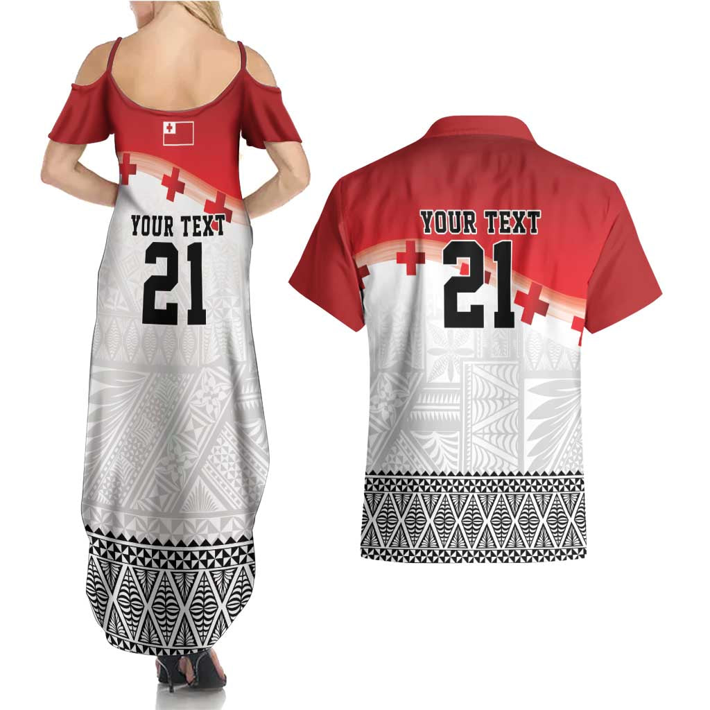Ikale Tahi Pacific Tonga Rugby Custom Couples Matching Summer Maxi Dress and Hawaiian Shirt Tongan Ngatu with Flag Pattern