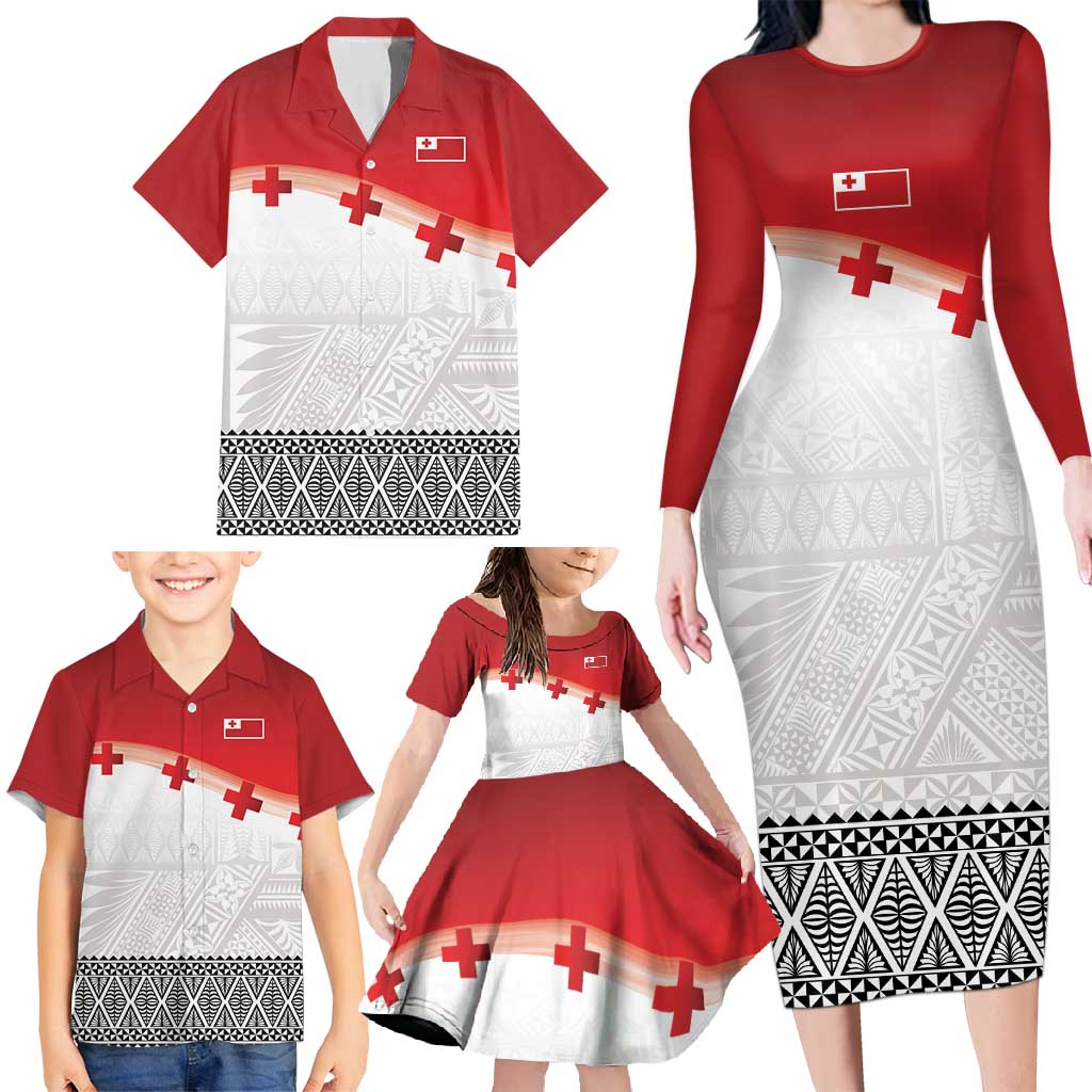 Ikale Tahi Pacific Tonga Rugby Custom Family Matching Long Sleeve Bodycon Dress and Hawaiian Shirt Tongan Ngatu with Flag Pattern