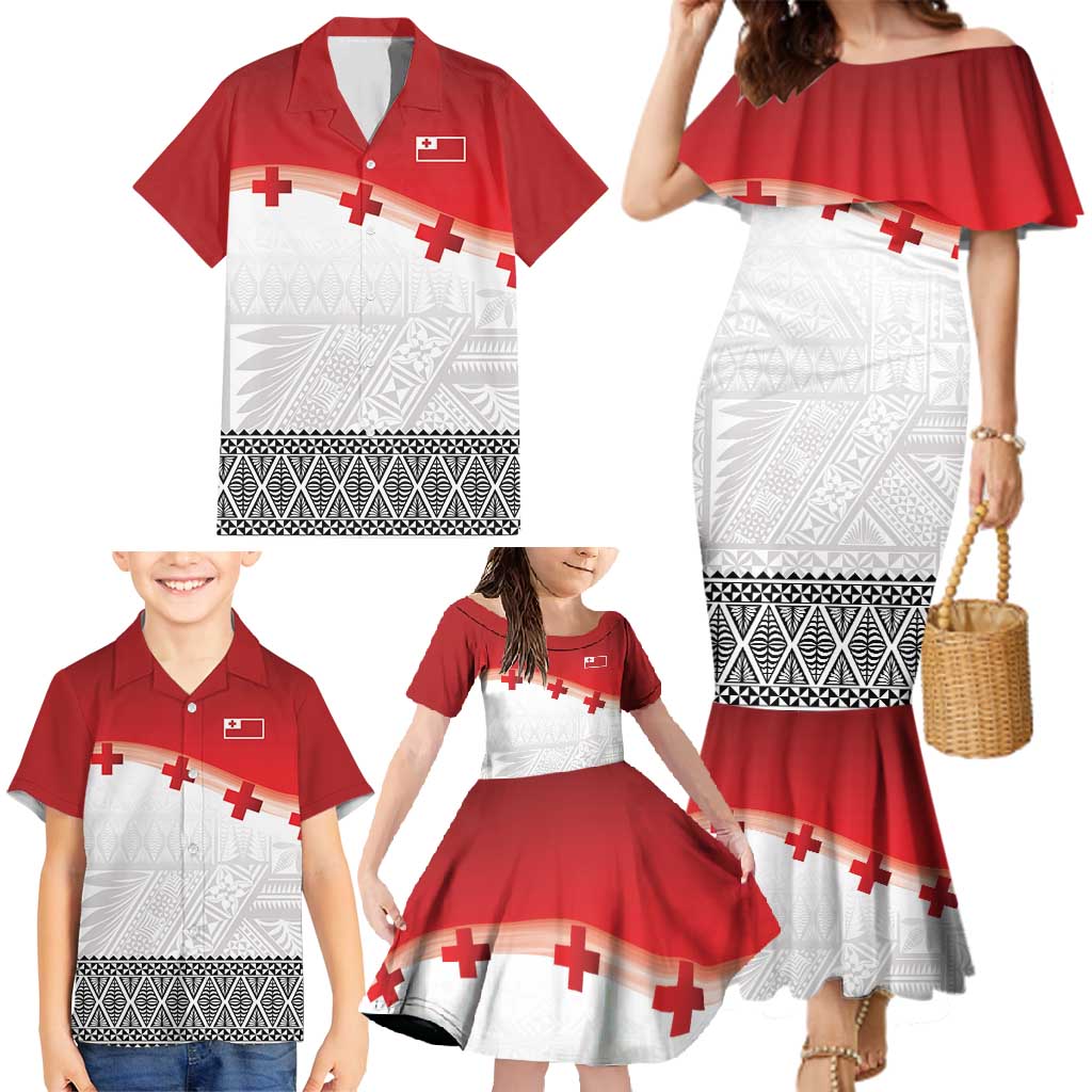 Ikale Tahi Pacific Tonga Rugby Custom Family Matching Mermaid Dress and Hawaiian Shirt Tongan Ngatu with Flag Pattern