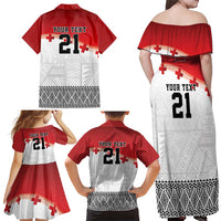 Ikale Tahi Pacific Tonga Rugby Custom Family Matching Off Shoulder Maxi Dress and Hawaiian Shirt Tongan Ngatu with Flag Pattern