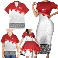 Ikale Tahi Pacific Tonga Rugby Custom Family Matching Short Sleeve Bodycon Dress and Hawaiian Shirt Tongan Ngatu with Flag Pattern