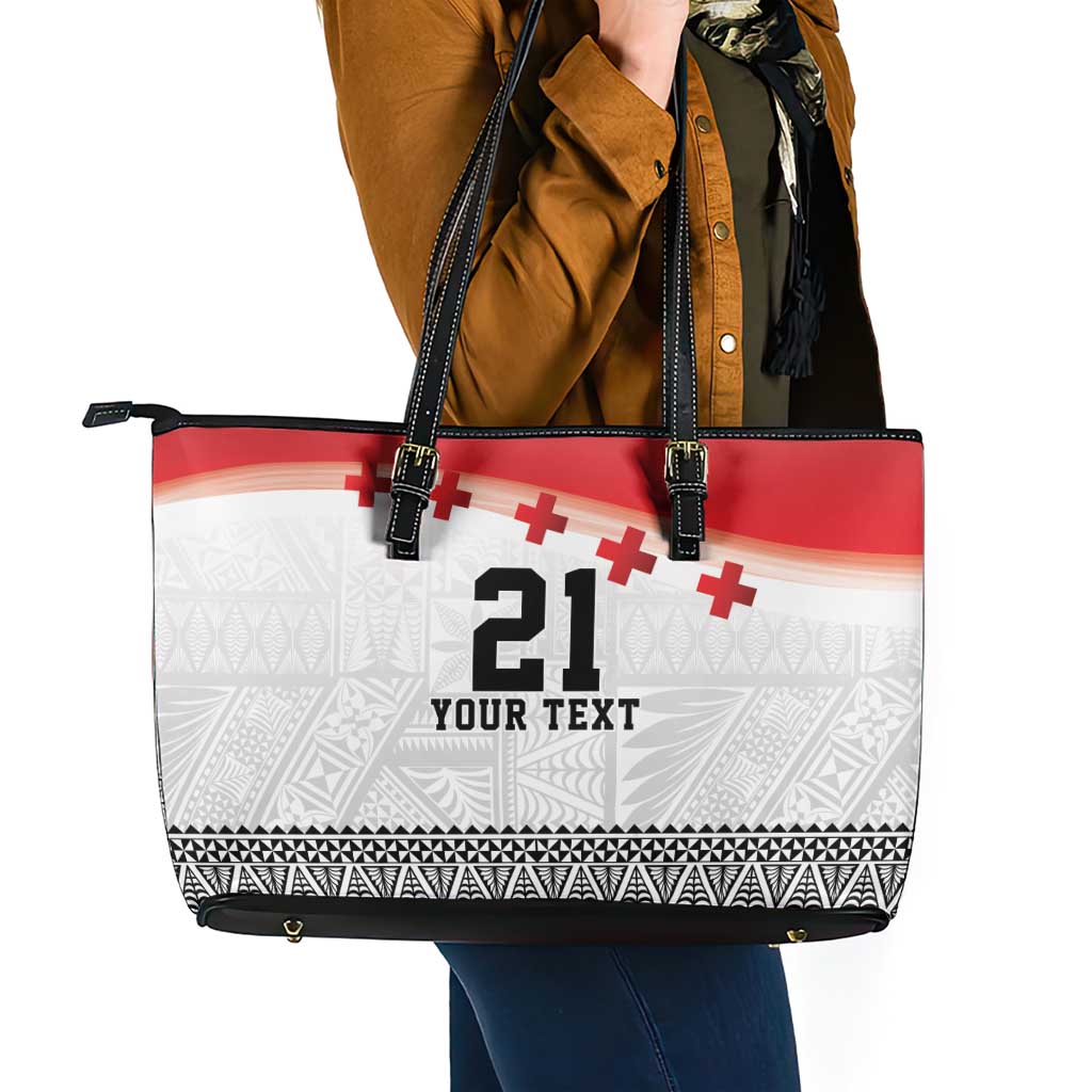 Ikale Tahi Pacific Tonga Rugby Custom Leather Tote Bag Tongan Ngatu with Flag Pattern
