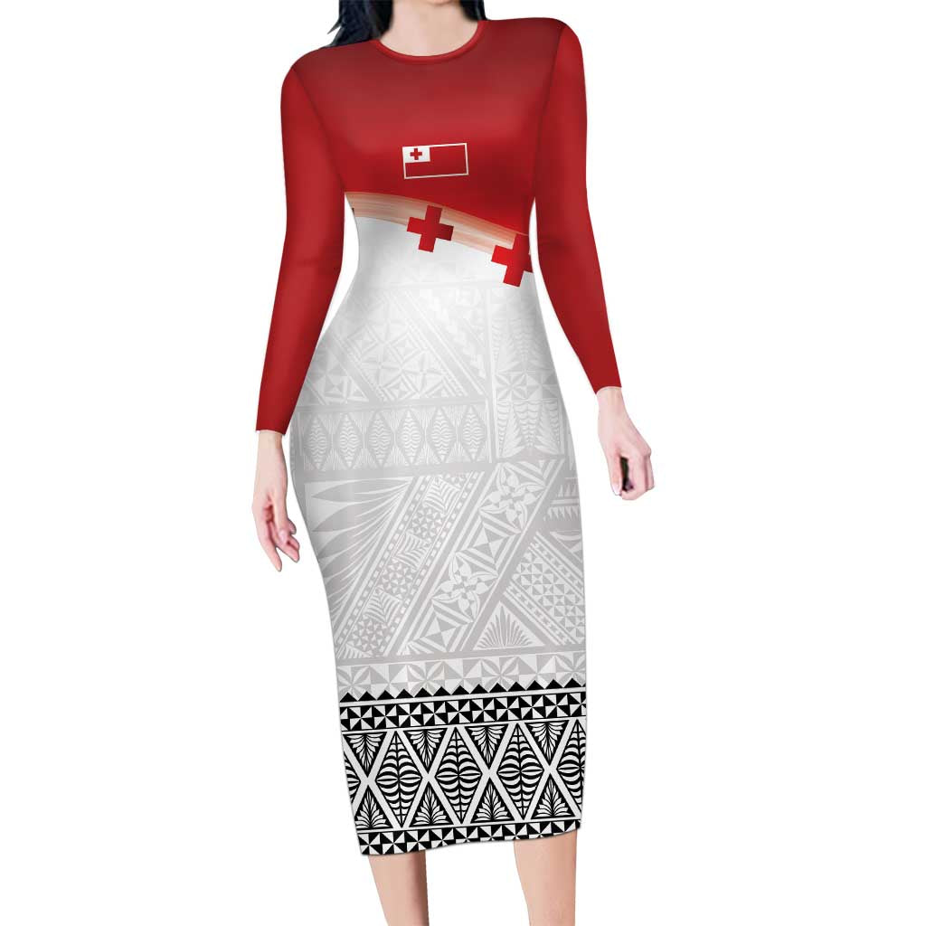 Ikale Tahi Pacific Tonga Rugby Custom Long Sleeve Bodycon Dress Tongan Ngatu with Flag Pattern