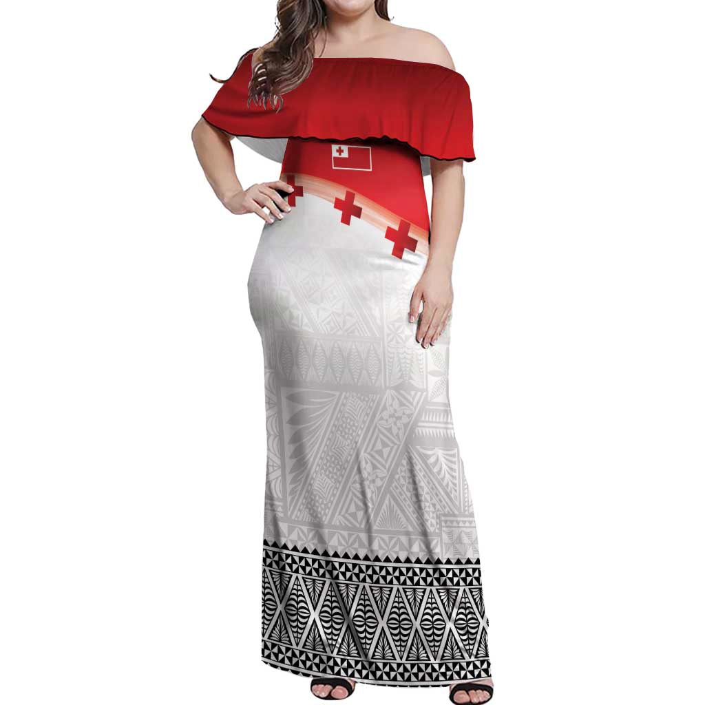 Ikale Tahi Pacific Tonga Rugby Custom Off Shoulder Maxi Dress Tongan Ngatu with Flag Pattern
