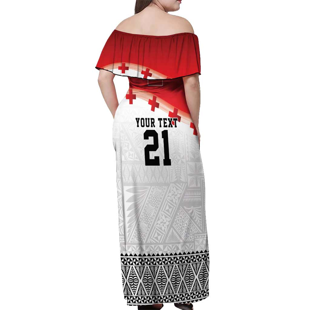 Ikale Tahi Pacific Tonga Rugby Custom Off Shoulder Maxi Dress Tongan Ngatu with Flag Pattern