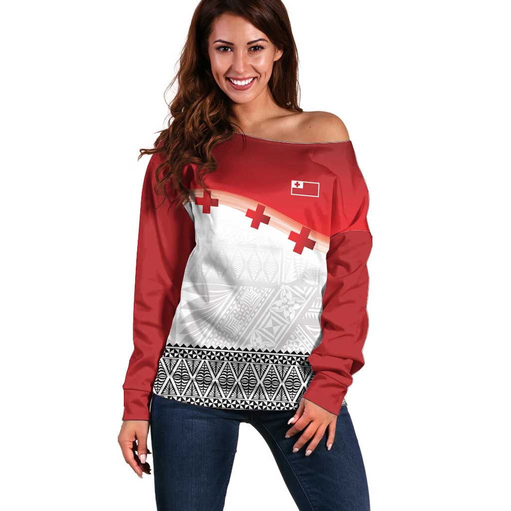 Ikale Tahi Pacific Tonga Rugby Custom Off Shoulder Sweater Tongan Ngatu with Flag Pattern