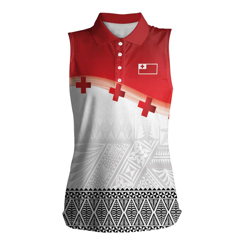 Ikale Tahi Pacific Tonga Rugby Custom Women Sleeveless Polo Shirt Tongan Ngatu with Flag Pattern