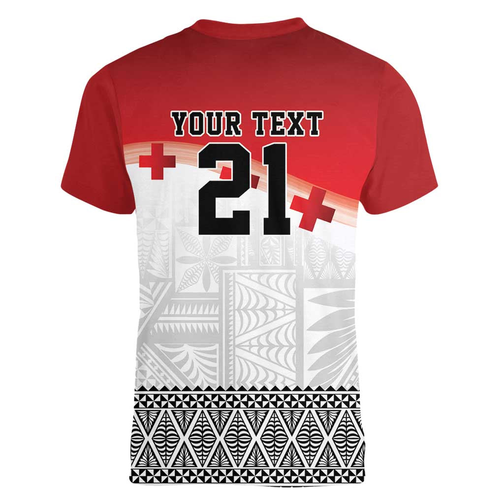Ikale Tahi Pacific Tonga Rugby Custom Women V-Neck T-Shirt Tongan Ngatu with Flag Pattern