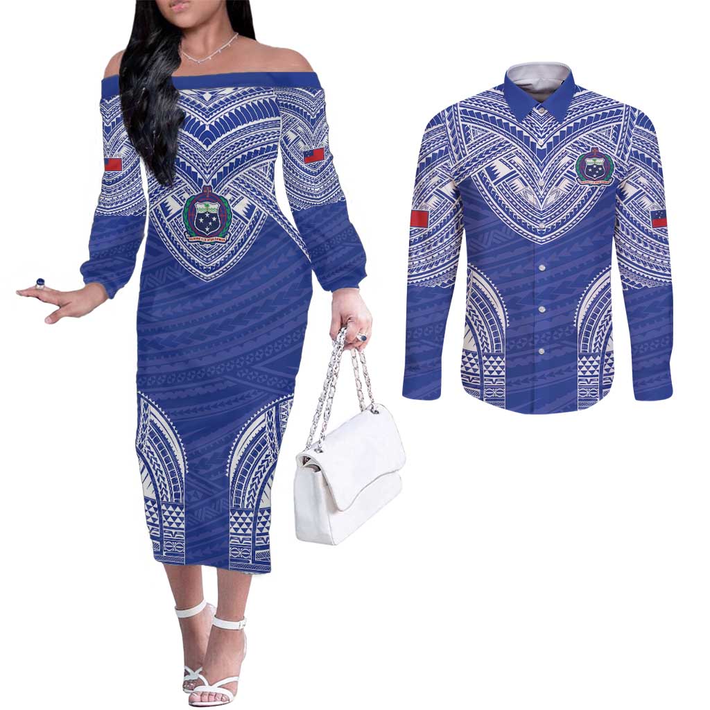 Manu Samoa Pacific Samoa Rugby Custom Couples Matching Off The Shoulder Long Sleeve Dress and Long Sleeve Button Shirt Polynesian Pattern