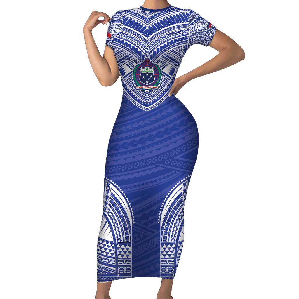 Manu Samoa Pacific Samoa Rugby Custom Short Sleeve Bodycon Dress Polynesian Pattern LT9 Long Dress Blue - Polynesian Pride