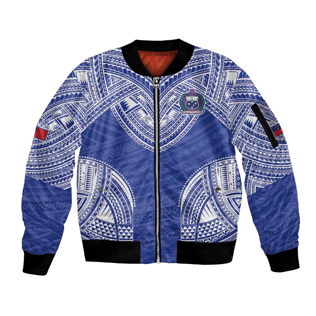 Manu Samoa Pacific Samoa Rugby Custom Sleeve Zip Bomber Jacket Polynesian Pattern LT9 Unisex Blue - Polynesian Pride