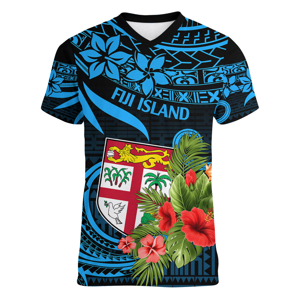 Fiji Islands Women V Neck T Shirt With Polynesian Tribal Happy National Day LT9 Female Blue - Polynesian Pride