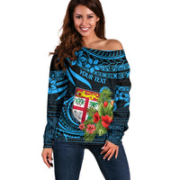 Custom Fiji Islands Off Shoulder Sweater With Polynesian Tribal Happy National Day LT9 Women Blue - Polynesian Pride