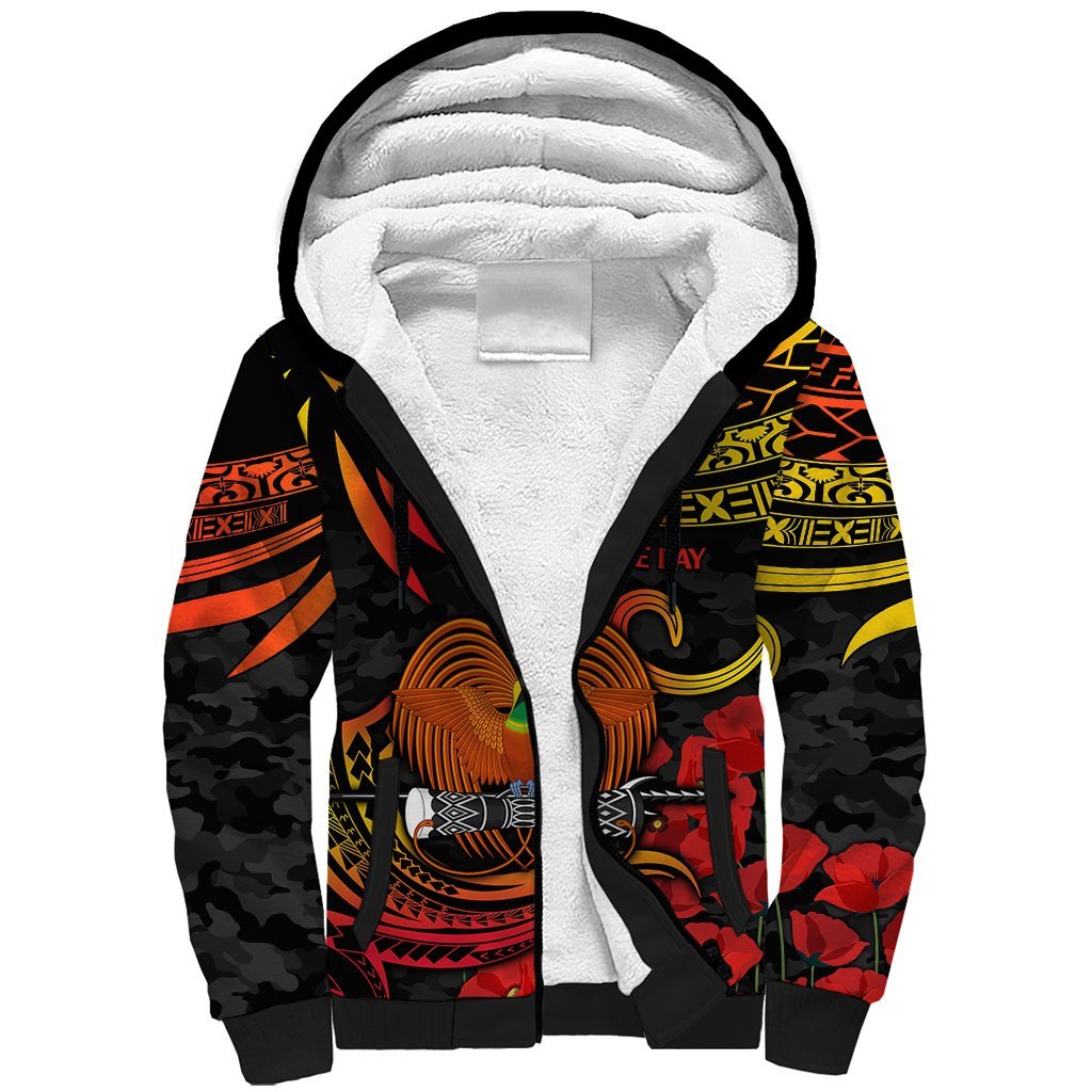 PNG Remembrance Day Sherpa Hoodie Polynesian Tribal and Poppy LT9 Unisex Red - Polynesian Pride