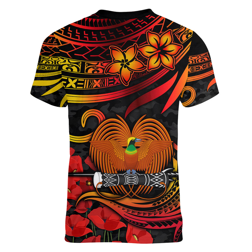 Custom PNG Remembrance Day Women V Neck T Shirt Polynesian Tribal and Poppy LT9 - Polynesian Pride