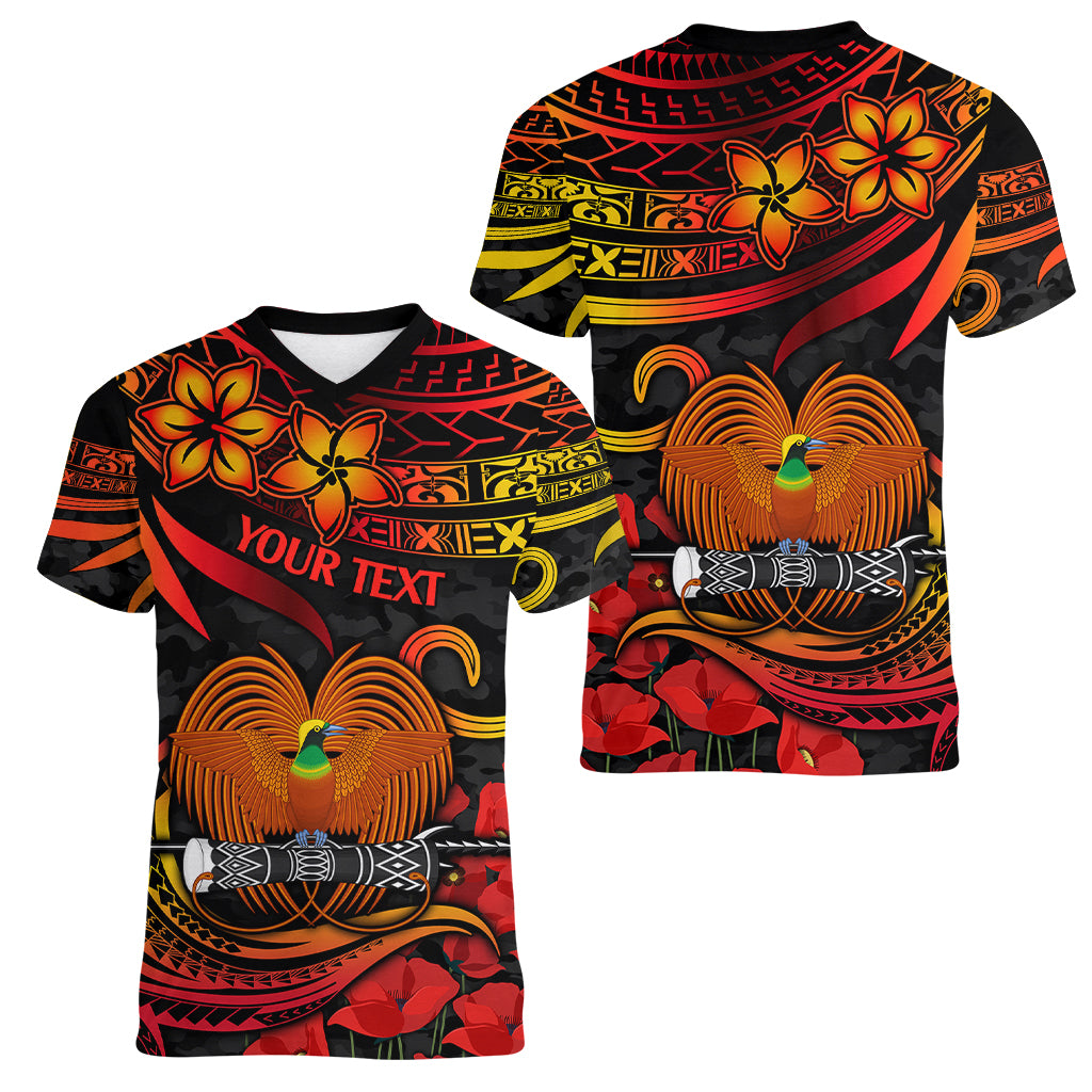 Custom PNG Remembrance Day Women V Neck T Shirt Polynesian Tribal and Poppy LT9 - Polynesian Pride