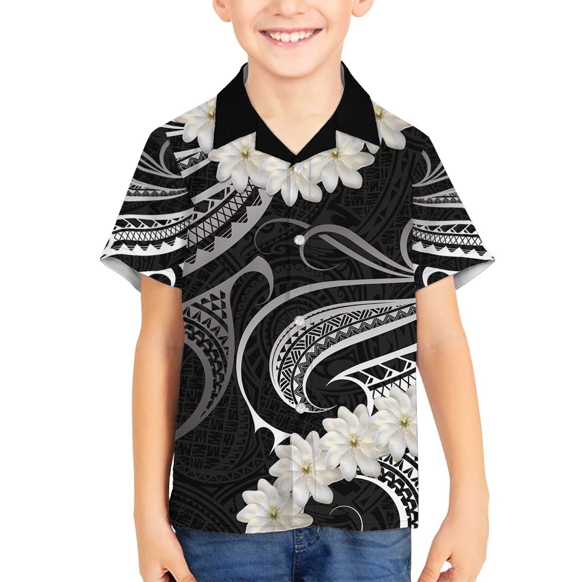 White Sunday Tokelau Gardenia Thunbergia Family Matching Off The Shoulder Long Sleeve Dress and Hawaiian Shirt Fakamalo Atu Kia Te Koutou Uma LT9 Son's Shirt Black - Polynesian Pride
