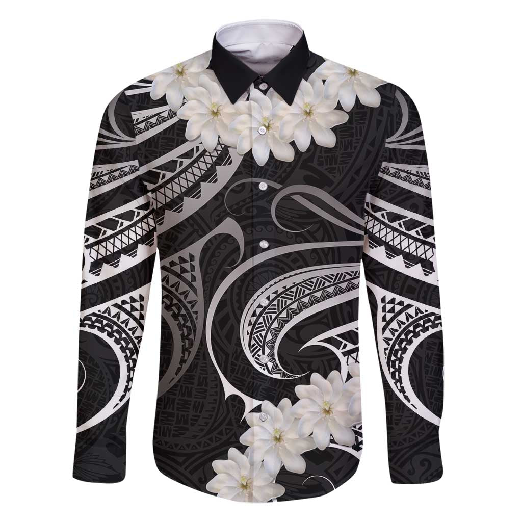 White Sunday Tokelau Gardenia Thunbergia Family Matching Off Shoulder Maxi Dress and Hawaiian Shirt Fakamalo Atu Kia Te Koutou Uma LT9 Dad's Shirt - Long Sleeve Black - Polynesian Pride