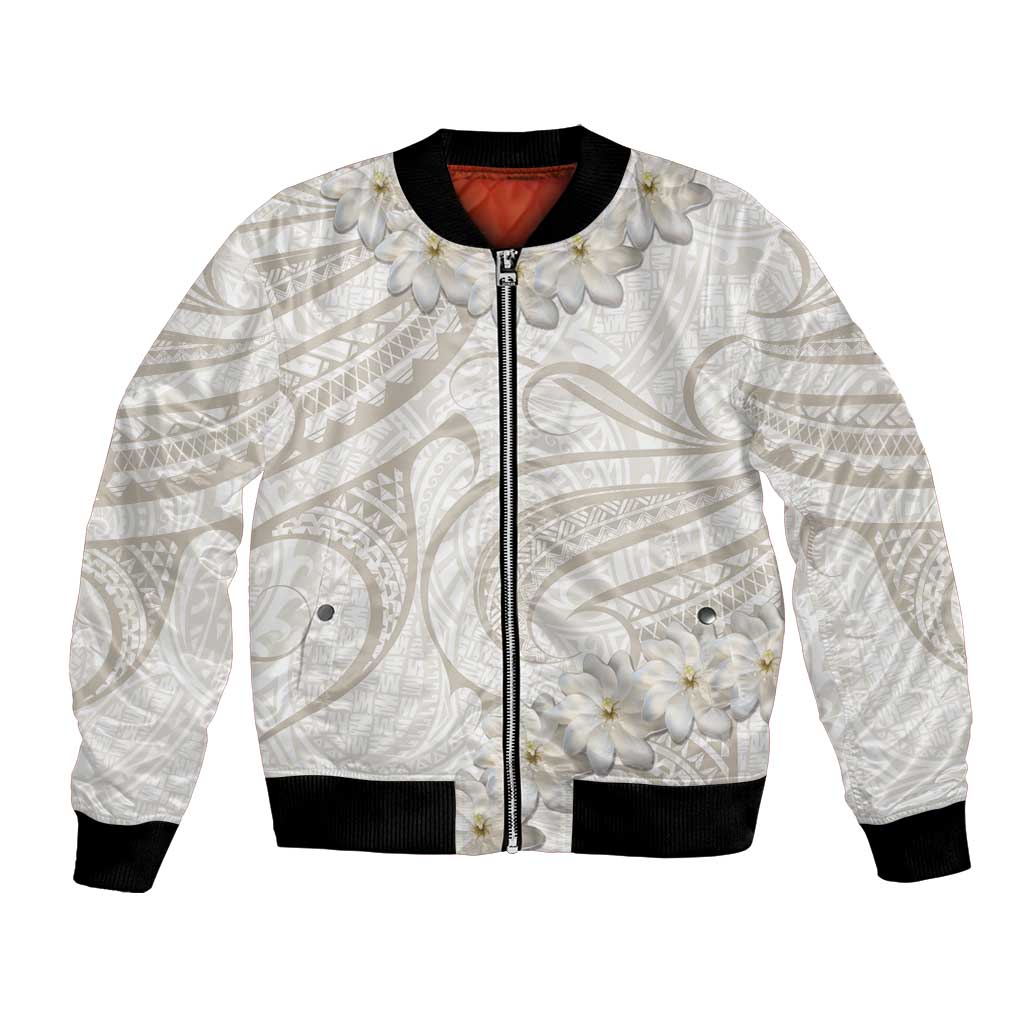 Tokelau Gardenia Thunbergia Bomber Jacket Polynesian Art Vibe LT9 Unisex White - Polynesian Pride