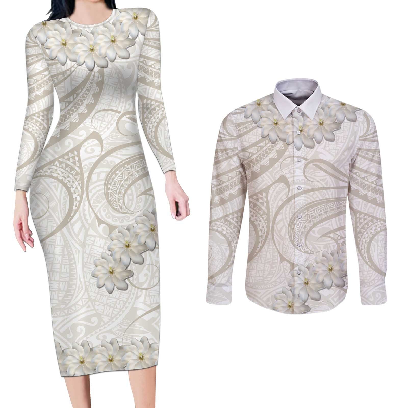 Tokelau Gardenia Thunbergia Couples Matching Long Sleeve Bodycon Dress and Long Sleeve Button Shirt Polynesian Art Vibe LT9 White - Polynesian Pride