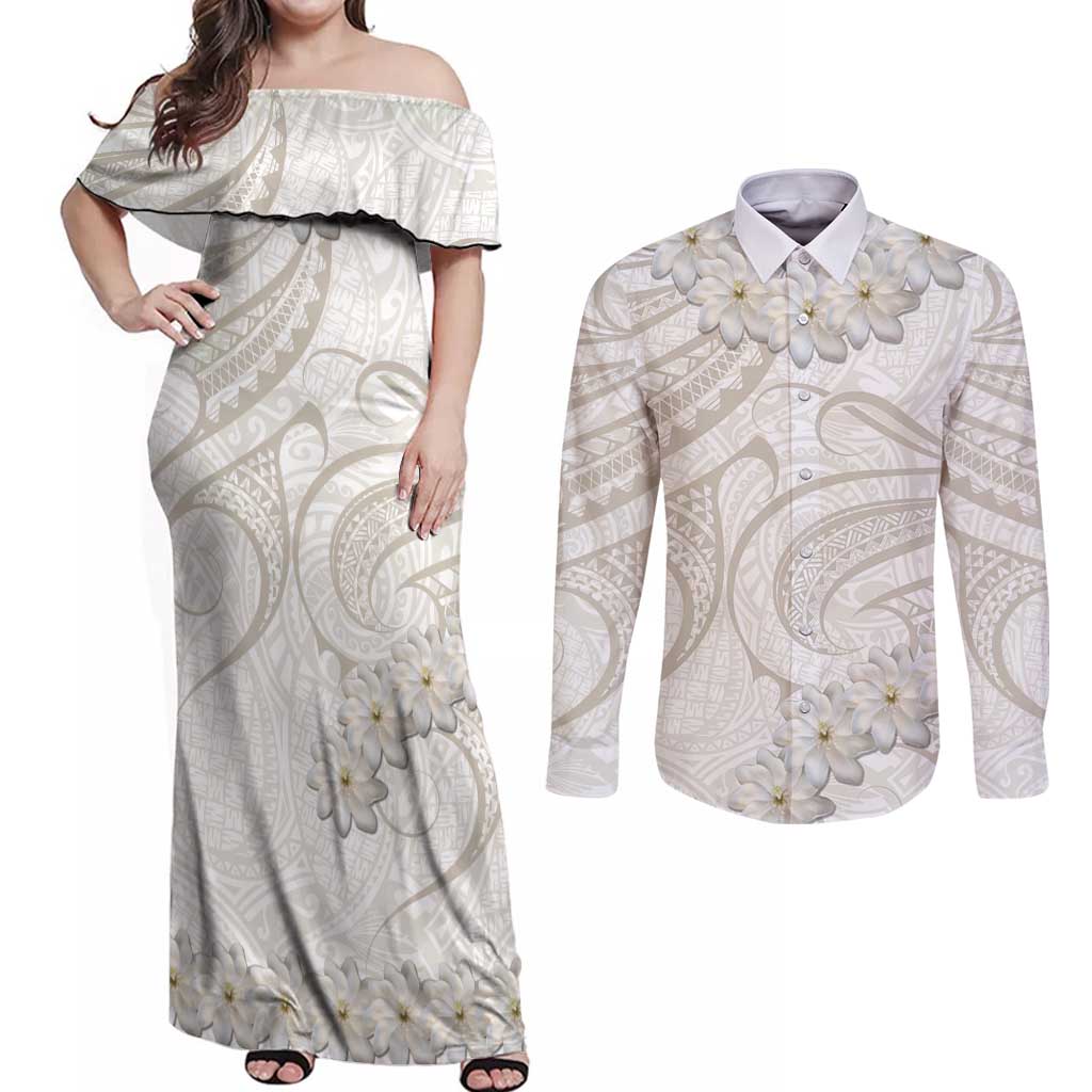 Tokelau Gardenia Thunbergia Couples Matching Off Shoulder Maxi Dress and Long Sleeve Button Shirt Polynesian Art Vibe LT9 White - Polynesian Pride