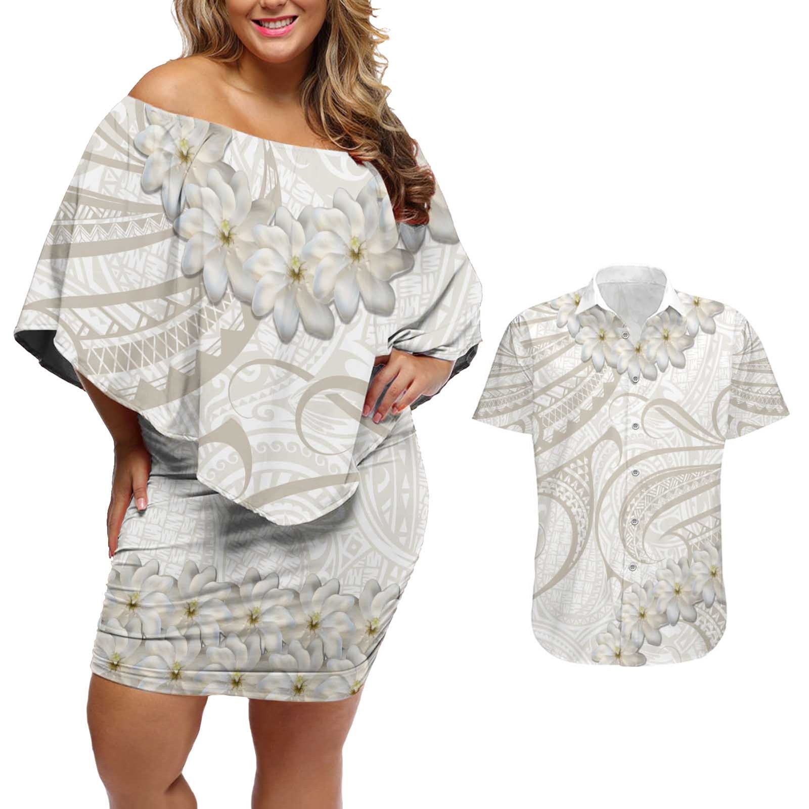 Tokelau Gardenia Thunbergia Couples Matching Off Shoulder Short Dress and Hawaiian Shirt Polynesian Art Vibe LT9 White - Polynesian Pride