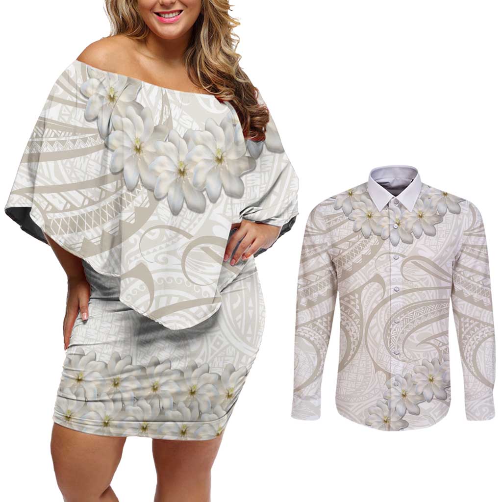 Tokelau Gardenia Thunbergia Couples Matching Off Shoulder Short Dress and Long Sleeve Button Shirt Polynesian Art Vibe LT9 White - Polynesian Pride