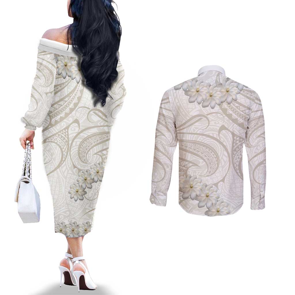 Tokelau Gardenia Thunbergia Couples Matching Off The Shoulder Long Sleeve Dress and Long Sleeve Button Shirt Black Polynesian Art Vibe